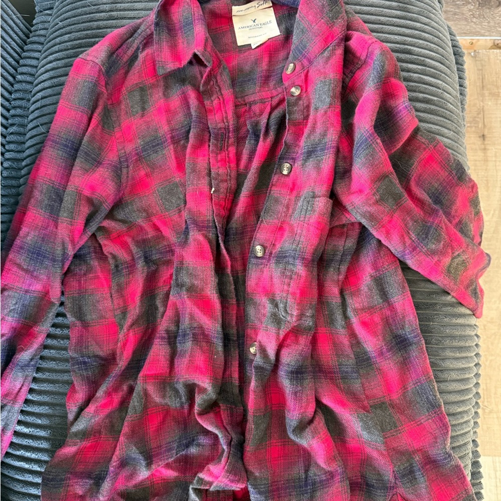 Pink and Black Plaid Button-Up Shirt